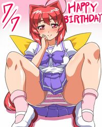  ahoge bad_id bad_pixiv_id blush bow bowtie collarbone commentary_request female gradient_background hair_intakes hairbow hakuryou_high_school_uniform hand_on_own_chin happy_birthday kagami_sumika long_hair looking_at_viewer low_ponytail muv-luv otoo_(izanagi) panties pantyshot pink_background pleated_skirt ponytail puffy_short_sleeves puffy_sleeves red_eyes red_hair school_uniform serafuku shoes short_sleeves sitting skirt smile solo spread_legs striped_clothes striped_panties underwear uwabaki very_long_hair 