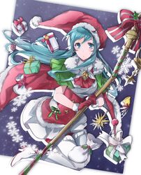  aiueo1234853 aqua_eyes aqua_hair bad_id bad_twitter_id bow box cape commentary_request dress earrings eirika_(fire_emblem) eirika_(winter)_(fire_emblem) female fire_emblem fire_emblem:_the_sacred_stones fire_emblem_heroes fur_trim gift gift_bag gift_box gloves hat holding holding_staff jewelry long_hair pom_pom_(clothes) red_gloves red_hat santa_costume santa_hat sleeveless sleeveless_dress snowflakes solo staff 