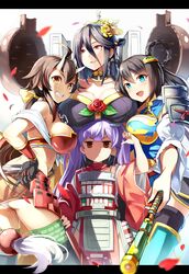  4girls :d armor armored_dress belt blue_dress blush breast_rest breastplate breasts breasts_on_head brown_hair chains chinese_clothes clenched_teeth commentary_request dress emerane expressionless flower flute grin hair_between_eyes horns huge_breasts instrument japanese_armor jitome large_breasts letterboxed long_sleeves looking_at_viewer looking_to_the_side mole mole_under_eye multiple_girls oni_horns onigajo_(oshiro_project) open_mouth oshiro_project:re panties ponytail red_flower red_rose revealing_clothes rose shade shaded_face short_hair shoulder_pads simple_background smile staff taga_(oshiro_project) takiyama_(oshiro_project) tamonyama_(oshiro_project) teeth thighhighs twintails underwear white_background wide_sleeves 