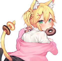  animal_ear_fluff animal_ears asagi_yuna blonde_hair blush braid cat_ears cat_tail closed_mouth commentary_request doughnut dress_shirt fang_out female food food_on_tail green_eyes hair_between_eyes hair_ornament hairclip long_sleeves looking_at_viewer looking_back mouth_hold oerba_yun_fang off_shoulder original shirt short_hair side_ponytail simple_background solo tail tail_raised white_background white_shirt x_hair_ornament 