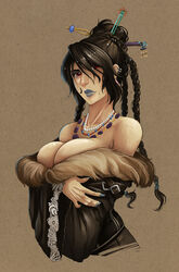  bad_deviantart_id bad_id bankage black_hair blue_lips blue_nails braid breast_lift breasts cleavage crossed_arms dress earrings eyebrows female final_fantasy final_fantasy_x fur-trimmed_dress fur_trim hair_ornament hair_over_one_eye hair_stick highres huge_breasts jewelry lipstick looking_at_viewer low_neckline lulu_(ff10) makeup mole mole_under_mouth nail_polish necklace nose off-shoulder_dress off_shoulder pearl_necklace red_eyes solo upper_body wide_sleeves 