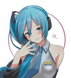  alternate_hairstyle artist_name barcode bare_shoulders blue_eyes blue_hair blue_nails blue_necktie blush breasts commentary derivative_work detached_sleeves double-parted_bangs english_commentary female grey_shirt hair_over_one_eye hand_up hatsune_miku hatsune_miku_(noodle_stopper) headphones long_hair long_sleeves looking_at_viewer medium_breasts meme mimo_(amimo0805) mixed-language_commentary necktie open_hand shirt side_ponytail sidetail_miku_noodle_stopper_(meme) simple_background sleeveless sleeveless_shirt smile solo twitter_username upper_body vocaloid white_background 