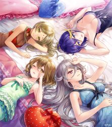  4girls ahoge aqua_camisole artemis_(phantom_of_the_kill) bare_shoulders blonde_hair blue_pillow breasts brown_eyes brown_hair camisole closed_mouth green_camisole green_eyes grey_hair hair_between_eyes heart heart-shaped_pillow laevateinn_(phantom_of_the_kill) large_breasts long_hair longinus_(phantom_of_the_kill) lying medium_breasts medium_hair multicolored_hair multiple_girls official_art on_back one_eye_closed open_mouth parashu phantom_of_the_kill pillow pink_pillow purple_camisole red_eyes red_pillow second-party_source smile streaked_hair very_long_hair 