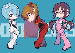  3girls :3 ass ayanami_rei blue_eyes blue_hair blush bodysuit brown_hair chibi chibi_only closed_mouth glasses hands_on_own_hips highres interface_headset long_hair looking_at_viewer low_twintails makinami_mari_illustrious miyata_(lhr) multiple_girls neon_genesis_evangelion pink_bodysuit plugsuit rebuild_of_evangelion red-framed_eyewear red_bodysuit red_eyes semi-rimless_eyewear short_hair smile souryuu_asuka_langley twintails under-rim_eyewear white_bodysuit 