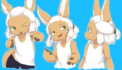  absurd_res ambiguous_gender anthro clothed clothing digital_media_(artwork) fully_clothed fur hair hi_res looking_at_viewer made_in_abyss multiple_poses nanachi one_eye_closed pose simple_background skalelsky solo tan_body tan_fur tongue tongue_out white_hair wink winking_at_viewer yellow_eyes 