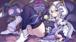  :&lt; absurdres animal_hood bare_shoulders blue_eyes bow braid breasts cat_hood commentary_request couch cup detached_sleeves drink drinking_straw female full_body hair_between_eyes hairbow hand_up highres holding holding_cup holding_drink honkai_(series) honkai_impact_3rd hood hood_up knees_up long_hair looking_at_viewer lying nintendo_switch on_back on_couch open_mouth pink_pupils purple_bow purple_thighhighs sleep_mask small_breasts socks_over_thighhighs solo theresa_apocalypse theresa_apocalypse_(schicksal&#039;s_imperative) thighhighs white_footwear white_hair white_hood white_sleeves wizard2482 zipper 