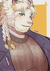  anthro astosis blonde_hair blue_eyes braided_hair clothing felid fur hair hi_res igarashi_ta jacket lifewonders lion live_a_hero male mammal muscular muscular_anthro muscular_male pantherine solo sweater topwear white_body white_fur 