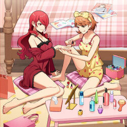  2girls applying_manicure bare_legs barefoot bed bow breasts brown_hair camisole cherry_print cleavage feet food_print hair_brush hairbow kirijou_mitsuru knee_up kuki_tan legs multiple_girls nail_polish nightgown pajamas persona persona_3 pillow red_nightgown short_hair short_shorts shorts toenail_polish toenails toes yukari_takeba 