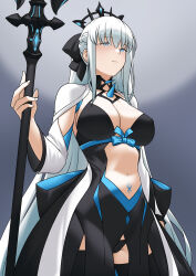  bbk_(13zk) black_bow black_dress black_thighhighs blue_eyes bow braid breasts center_opening cleavage dress fate/grand_order fate_(series) female grey_hair hairbow highres large_breasts long_hair long_sleeves looking_at_viewer morgan_le_fay_(fate) navel pelvic_curtain ponytail sidelocks solo spikes staff stomach_tattoo tattoo thighhighs thighs tiara two-tone_dress very_long_hair white_dress wide_sleeves 