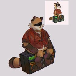  anthro belly bottomless brown_body brown_fur clothed clothing dress_shirt fur hi_res hxboox03 male mammal mature_male one_eye_closed procyonid raccoon rascal_(robot_dreams) robot_dreams shirt sitting slightly_chubby smile solo stereo topwear wink 