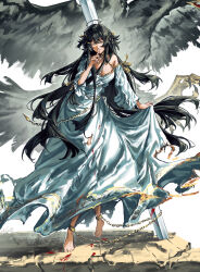  animal ankle_cuffs barefoot bird black_bird black_hair blood blood_on_clothes blood_splatter breasts burning chained chains closed_mouth commentary cowlick crack crossed_legs dress english_commentary female finger_to_mouth hair_between_eyes half-closed_eyes highres huge_weapon index_finger_raised long_dress long_hair looking_at_viewer lux_arts medium_breasts original oversized_animal planted planted_sword red_pupils ribbon shushing sidelocks simple_background single_off_shoulder skirt_hold smile solo standing sword torn_clothes torn_dress watson_cross weapon white_background white_dress yellow_eyes yellow_ribbon 