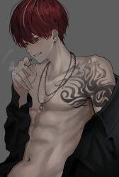  1boy absurdres akanei6no_sora arm_tattoo black_shirt cigarette earrings grey_background highres holding holding_cigarette jewelry male_focus multicolored_hair muscular muscular_male navel necklace open_clothes open_shirt original red_eyes red_hair shirt short_hair smile smoke solo stomach tattoo teeth white_hair 