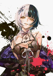  black_choker black_dress black_hair blunt_bangs breasts choker cleavage coat collarbone commentary dress female fur-trimmed_coat fur_trim gin_s goth_fashion grey_hair hair_ornament highres hololive hololive_english long_hair looking_at_viewer medium_breasts multicolored_hair open_clothes open_coat open_mouth ribbon shiori_novella shiori_novella_(1st_costume) sidelocks solo spaghetti_strap split-color_hair stain teeth two-tone_hair upper_body upper_teeth_only virtual_youtuber white_ribbon yellow_eyes yorick_(shiori_novella) 