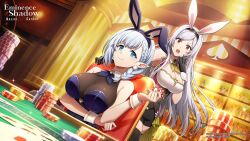  2girls :o alexia_midgar animal_ears beta_(kage_no_jitsuryokusha_ni_naritakute!) black_gloves black_hairband black_shorts black_thighhighs blue_eyes braid breasts cleavage closed_mouth copyright_name dutch_angle earrings english_commentary fake_animal_ears floating_hair gloves grey_hair hairband highres holding indoors jewelry kage_no_jitsuryokusha_ni_naritakute! large_breasts long_hair medium_hair mole mole_under_eye multiple_girls official_art open_mouth parted_bangs pointy_ears rabbit_ears red_eyes short_shorts shorts smile standing thighhighs underbust very_long_hair wrist_cuffs zettai_ryouiki 