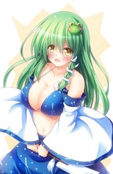  adapted_costume bare_shoulders blue_bra blush bra breasts cleavage detached_sleeves female frog_hair_ornament gohei green_hair hair_ornament hair_tubes highres kochiya_sanae large_breasts long_hair looking_at_viewer navel open_mouth osashin_(osada) skirt snake_hair_ornament solo touhou underwear wide_sleeves yellow_eyes 