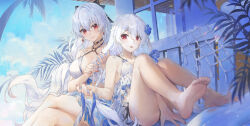  2girls absurdres alternate_costume bare_legs bare_shoulders bikini black_bikini_bottom black_bow blue_flower blue_rose blue_sky bow breasts closed_mouth collarbone commentary_request criss-cross_halter crossed_legs day earrings feet flower hair_between_eyes hair_flower hair_ornament hairbow halterneck highres honkai_(series) honkai_impact_3rd jewelry knees_up large_breasts long_hair looking_at_another multiple_girls nail_polish open_mouth playing_with_another&#039;s_hair red_eyes red_nails rose side-tie_bikini_bottom sidelocks sitting sky smile soles swimsuit swkl:d theresa_apocalypse theresa_apocalypse_(luna_kindred) theresa_apocalypse_(lunar_vow:_crimson_love) toenail_polish toenails toes very_long_hair white_bikini white_hair 