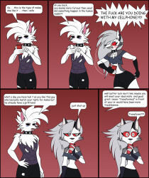  2021 anthro battle_wolf black_sclera bottomwear breasts canid canid_demon canine canis cellphone clothing collar danielssj demon digital_media_(artwork) duo electronics english_text female fur grey_body grey_fur hair hellhound helluva_boss hi_res khail_(danielssj) loona_(helluva_boss) male mammal markings mythological_canine mythological_creature mythology open_mouth pants phone pink_eyes profanity red_sclera shirt silver_hair speech_bubble spiked_collar spikes teeth text topwear toriko_(series) torn_bottomwear torn_clothing torn_pants torn_shirt torn_topwear white_body white_eyes white_fur white_hair wolf 