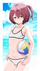  absurdres ball beach bikini blue_sky breasts brown_hair cloud day female highres horizon kiniro_tofu komari_chika make_heroine_ga_oo_sugiru! navel ocean one_side_up outdoors short_hair sky small_breasts solo sports_bikini swimsuit volleyball_(object) white_bikini yellow_eyes 