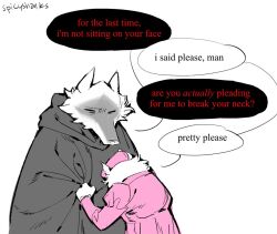  anthro begging big_bad_wolf_(shrek) canid canine canis cheek_tuft clinging cloak closed_eyes clothed clothing clothing_grab crossdressing death_(puss_in_boots) dialogue dreamworks duo facial_markings facial_tuft fluffy fuzzy grabbed hat head_markings headgear headwear intraspecies leaning leaning_forward leaning_on_another looking_down male male/male mammal markings mask_(marking) nightcap nightgown pink_clothing poncho puss_in_boots_(dreamworks) requesting scribbleshanks shrek_(series) signature simple_background size_difference speech_bubble standing text tuft white_background wolf 