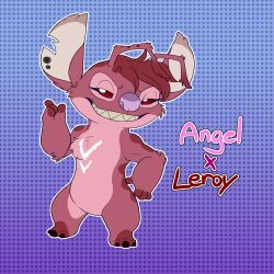  1:1 2024 3_toes 4_fingers alien angel_(lilo_and_stitch) antennae_(anatomy) anthro arm_tuft biped character_name cheek_tuft chest_markings chest_tuft dipstick_antennae disney dotted_background ear_piercing elbow_tuft evil_grin experiment_(lilo_and_stitch) facial_tuft featureless_crotch feet female fingerless_(marking) fingers fur fusion gradient_background grinning_at_viewer half-closed_eyes hi_res leroy_(lilo_and_stitch) lilo_and_stitch looking_at_viewer markings multicolored_antennae narrowed_eyes notched_ear outline patchydragon pattern_background piercing purple_nose red_body red_eyes red_fur sharp_teeth simple_background smile solo teeth toes tuft white_markings 