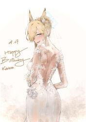  absurdres alternate_costume alternate_hairstyle animal_ear_fluff animal_ears ass back backless_dress backless_outfit birthday blonde_hair blue_archive blue_eyes blue_halo blush breasts bridal_veil bride character_name choker commentary_request cowboy_shot dated diksiuw dog_ears dog_girl dress female hair_over_one_eye hair_up halo happy_birthday highres kanna_(blue_archive) looking_at_viewer looking_back medium_breasts one_eye_covered open_mouth see-through_clothes see-through_veil sharp_teeth shoulder_blades slit_pupils solo teeth turning_head updo upper_teeth_only veil wedding_dress white_background white_choker white_dress 