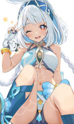  absurdres bare_shoulders blue_hair blue_hairband blush body_markings braid breasts chinchilla_ears chinchilla_girl crop_top female fingerless_gloves fish-shaped_pupils genshin_impact gloves hairband hawaiian_clothes highres light_blue_hair long_hair looking_at_viewer low_twin_braids midriff mualani_(genshin_impact) multicolored_hair navel one_eye_closed open_mouth red_eyes sitting smile solo symbol-shaped_pupils tan twin_braids two-tone_hair ura_(hamburg_oniku) v 