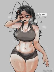  antenna_hair bare_shoulders black_eyes black_hair black_shorts body_blush cockroach_girl exhausted fangs female highres mothermaru one_eye_closed original roach_girl_(marblechii) shorts speech_bubble sports_bra sweat tan tanlines waking_up 