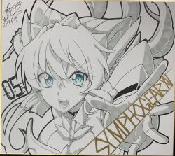  armor blue_eyes breasts cleavage cototiworld female gloves greyscale hair_between_eyes headgear highres huge_breasts large_breasts long_hair looking_at_viewer maria_cadenzavna_eve marker_(medium) monochrome open_mouth power_armor power_suit senki_zesshou_symphogear solo symphogear_pendant traditional_media very_long_hair 