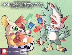  animate_inanimate anthro bandai_namco clothing digimon digimon_(species) digimon_liberator duo feathers feet female feral footwear green_body green_feathers hi_res living_plushie male mask onetrickdragon plushie pteromon shoemon shoes talons toes trading_card 