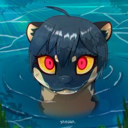  1:1 adina_(drawligator) ambiguous_form countershade_neck countershading drawligator fangs female giant_otter hair hi_res mammal mustelid otter partially_submerged river_otter solo teeth water yellow_sclera 