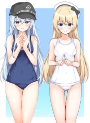  2girls abataa absurdres alternate_costume anchor_symbol black_hat blonde_hair blue_eyes blue_hair blue_one-piece_swimsuit breasts covered_navel embarrassed flat_cap hair_between_eyes hat hibiki_(kancolle) highres jervis_(kancolle) kantai_collection light_blue_hair long_hair medium_breasts multiple_girls one-piece_swimsuit sailor_hat school_swimsuit standing swimsuit very_long_hair white_hat white_one-piece_swimsuit 