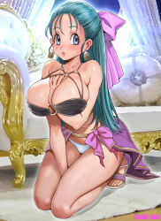  blue_eyes blue_hair blush bow braid breasts dragon_quest dress earrings female flora_(dq5) hairbow half_updo highres huge_breasts jewelry large_breasts long_hair open_mouth oyaman pink_bow solo 