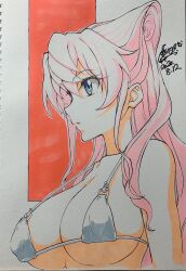  bare_shoulders bikini blue_eyes breasts cleavage collarbone cototiworld female hair_between_eyes highres huge_breasts large_breasts long_hair maria_cadenzavna_eve marker_(medium) micro_bikini pink_hair senki_zesshou_symphogear solo swimsuit traditional_media very_long_hair white_bikini 