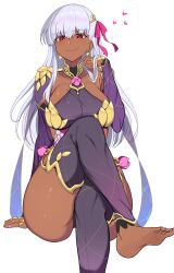  absurdres alternate_skin_color armlet armor barefoot bikini_armor breasts circlet collar dark-skinned_female dark_skin detached_sleeves dress earrings fate/grand_order fate_(series) female flower hair_ribbon highres jewelry kama_(fate) kama_(second_ascension)_(fate) large_breasts long_hair looking_at_viewer lotus lotus_print metal_collar pelvic_curtain pink_ribbon purple_dress purple_sleeves purple_thighhighs red_eyes ribbon ring sally_(luna-arts) smile solo thighhighs thighlet thighs white_hair 