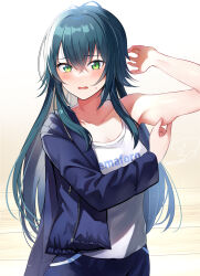  antenna_hair arm_pinching blue_jacket blue_pants blurry blush breasts cleavage collarbone cowboy_shot depth_of_field embarrassed emerane female furrowed_brow gakuen_idolmaster green_eyes green_hair gym_pants hair_between_eyes hair_flaps hand_up highres idolmaster jacket long_hair long_sleeves looking_at_viewer medium_breasts open_clothes open_jacket open_mouth pants polka_dot print_shirt shirt single_bare_shoulder single_off_shoulder solo standing text_print tsukimura_temari very_long_hair wavy_mouth white_shirt wooden_floor zipper zipper_pull_tab 