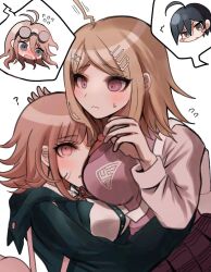  2girls between_breasts blush breasts brown_hair danganronpa_(series) danganronpa_2:_goodbye_despair danganronpa_v3:_killing_harmony face_between_breasts head_between_breasts ikemen&#039;na_ore-shi large_breasts long_hair medium_hair multiple_girls nanami_chiaki saihara_shuichi yuri 