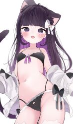  animal_ears bikini black_bikini black_hair blush bow braid breasts cat_ears cat_girl cat_tail female hairbow highres jacket long_hair multicolored_hair navel nocchi_(r_ws2l) oerba_yun_fang off_shoulder open_clothes open_jacket open_mouth original purple_eyes purple_hair ribbon sleeves_past_wrists small_breasts smile solo stomach swimsuit tail thighhighs thighs two-tone_hair white_jacket white_thighhighs 