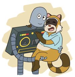  anthro bottomless bridal_carry brown_body brown_fur carrying_another clothed clothing das1lly duo fur grey_body hi_res male male/male mammal polo_shirt procyonid raccoon rascal_(robot_dreams) robot_(robot_dreams) robot_dreams shirt topwear 