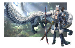  absurdres armor blue_eyes bra charleian claws female forest fur_trim gauntlets greaves highres holding holding_sword holding_weapon horns jewelry katana long_hair looking_at_viewer monster monster_hunter:_world monster_hunter_(series) nature necklace red_eyes scabbard scales sheath standing sword tail tobi-kadachi tobi-kadachi_(armor) underwear weapon white_hair 