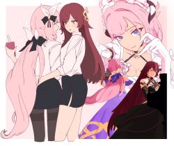  2girls absurdres bandaged_hand bandages black_dress black_pantyhose black_skirt blue_eyes breasts brown_hair cinnie_kinnie cleavage cup disposable_cup dress eden_(honkai_impact) elf elysia_(honkai_impact) elysia_(miss_pink)_(honkai_impact) elysia_(miss_pink_elf)_(honkai_impact) fake_horns grand_piano hair_ornament heart highres holding holding_cup honkai_(series) honkai_impact_3rd horns instrument long_hair looking_at_another maid multiple_girls multiple_views music official_alternate_costume pantyhose pencil_skirt piano pink_background pink_hair playing_instrument playing_piano pointy_ears purple_dress shirt skirt thighs white_shirt yellow_eyes yuri 