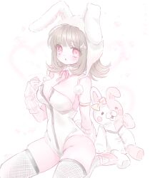  animal_ears armlet bare_shoulders blush bow breasts brown_hair cleavage commentary danganronpa_(series) danganronpa_2:_goodbye_despair detached_collar ear_bow english_commentary fake_animal_ears female fishnet_thighhighs fishnets highres jewelry large_breasts leotard medium_hair mipi_(u3u_00) monomi_(danganronpa) nanami_chiaki neck_ribbon official_alternate_costume pink_eyes pink_ribbon rabbit_ears ribbon sitting spaceship_hair_ornament thighhighs white_background 