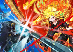  1boy ahoge akiba_tsukimi attack battle black_bikesuit black_gloves black_hair bodysuit breasts capitano_(genshin_impact) cleavage duel earrings female fiery_hair fighting fire genshin_impact gloves highres holding holding_sword holding_weapon jewelry long_hair mask mavuika_(genshin_impact) multicolored_hair official_alternate_hair_color orange_eyes orange_hair red_hair sword two-tone_hair very_long_hair weapon 