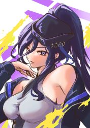  absurdres bare_shoulders black_hat black_jacket blue_hair breasts clorinde_(genshin_impact) female genshin_impact grey_shirt hat highres jacket large_breasts long_hair looking_at_viewer mayupika off_shoulder open_clothes open_jacket ponytail purple_eyes shirt sleeveless sleeveless_shirt solo upper_body 