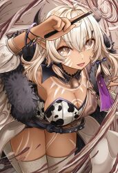  animal_print bell body_markings bracelet breasts brown_eyes cleavage coat cow_girl cow_print cowbell dark-skinned_female dark_skin detached_collar facial_mark female fur-trimmed_coat fur_trim highres jewelry kallou_anne_milk large_breasts looking_at_viewer okazu_umauma pointy_ears puzzle_&amp;_dragons smile thighhighs white_hair 