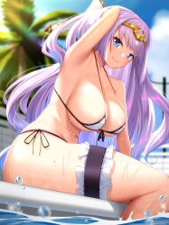  arm_up armpits bikini blue_eyes blush breasts bridal_garter cleavage diamond_(houseki_hime) female fumizuki_homura headgear houseki_hime large_breasts long_hair looking_at_viewer navel palm_tree pool poolside purple_hair revealing_clothes side-tie_bikini_bottom sideboob sideless_dress smile solo string_bikini swimsuit tree wet 