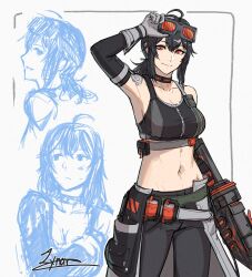  arm_tattoo black_hair black_vest breasts cm_lynarc eyewear_on_head female grace_howard highres looking_at_viewer orange_eyes smile solo tattoo vest zenless_zone_zero 