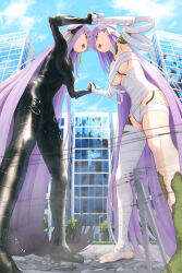  2girls bandage_over_one_eye bandaged_arm bandaged_head bandaged_leg bandages black_bodysuit bodysuit breasts fate/grand_order fate_(series) giant giantess gimp_suit highres kamo_ashi kingprotea_(fate) long_hair moss multiple_girls naked_bandage open_mouth purple_eyes purple_hair xochitonal_(fate) 