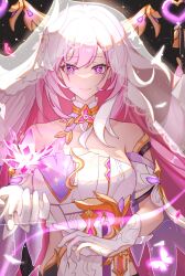  bare_shoulders bell black_background breasts bridal_veil closed_mouth clothing_cutout corset crystal_flower diamond-shaped_pupils diamond_(shape) elysia_(herrscher_of_human:_ego)_(honkai_impact) elysia_(honkai_impact) female gloves highres honkai_(series) honkai_impact_3rd large_breasts long_hair looking_at_viewer multicolored_hair pink_hair purple_eyes qiuqiuku side_cutout smile solo symbol-shaped_pupils triquetra two-tone_hair upper_body veil very_long_hair white_corset white_gloves white_hair white_veil 