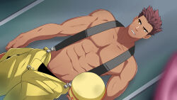  1boy abs bara brown_hair chest_hair collarbone cowboy_shot dutch_angle full_service_(mazjojo) game_cg hat highres holding holding_hat holding_unworn_clothes looking_at_viewer male_focus mature_male muscular muscular_male navel non-web_source official_art oki_ardana orange_eyes pants parted_lips short_hair solo suspenders sweatdrop teeth unworn_headwear variant_set yellow_hat yellow_pants 