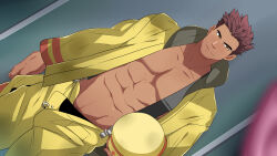  1boy abs bara brown_hair chest_hair closed_mouth coat collarbone cowboy_shot dutch_angle full_service_(mazjojo) game_cg hat highres holding holding_hat holding_unworn_clothes light_smile looking_at_viewer male_focus mature_male muscular muscular_male navel non-web_source official_art oki_ardana open_clothes open_coat orange_eyes pants pectoral_cleavage pectorals short_hair solo unworn_headwear variant_set yellow_coat yellow_hat yellow_pants 